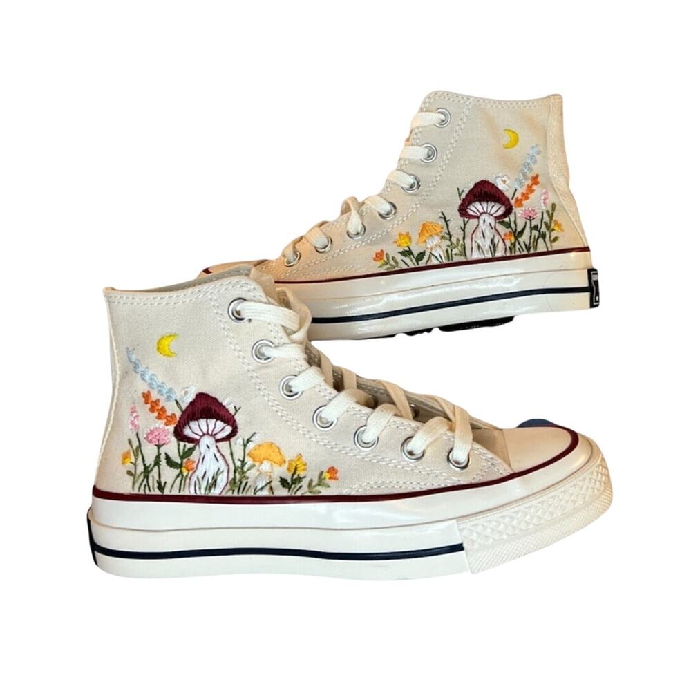 Converse Chuck Taylor Custom Embroidered Mushroom Moon Floral High Tops Cream 36